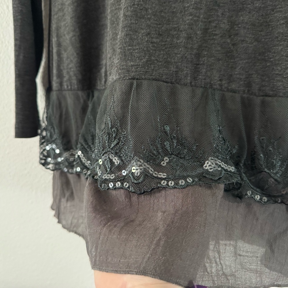 Boho Sequin Embellished Sheer Hem Gray Layered Tunic Blouse Avalin L Romantic - Picture 4 of 14
